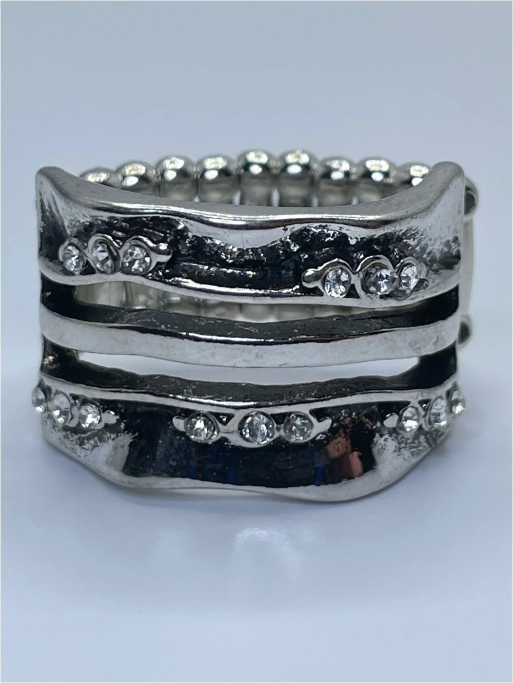 Silver Tone Crystal Stretch Ring Wide Band Statement Ring